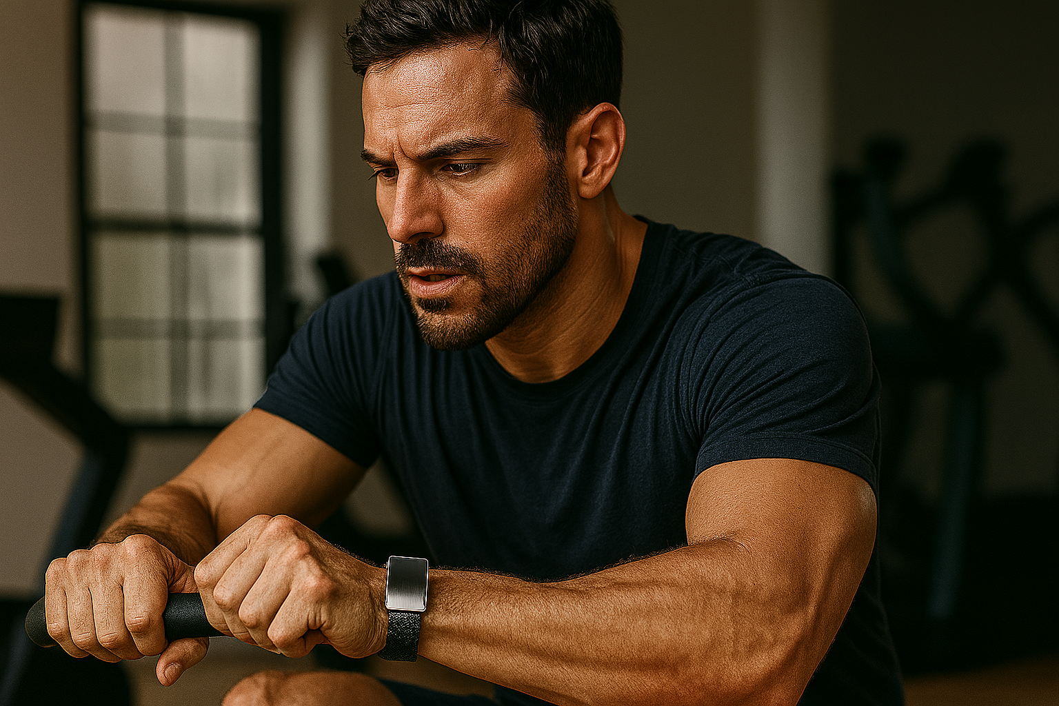 A man working out in a gym, wearing the Solstyz watch.