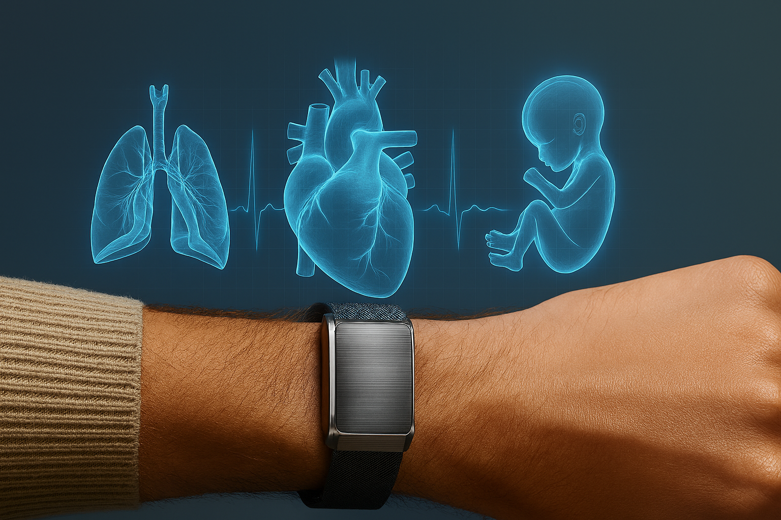 Diagram showing lungs, heart, and a fetus with a smartwatch on a wrist below.