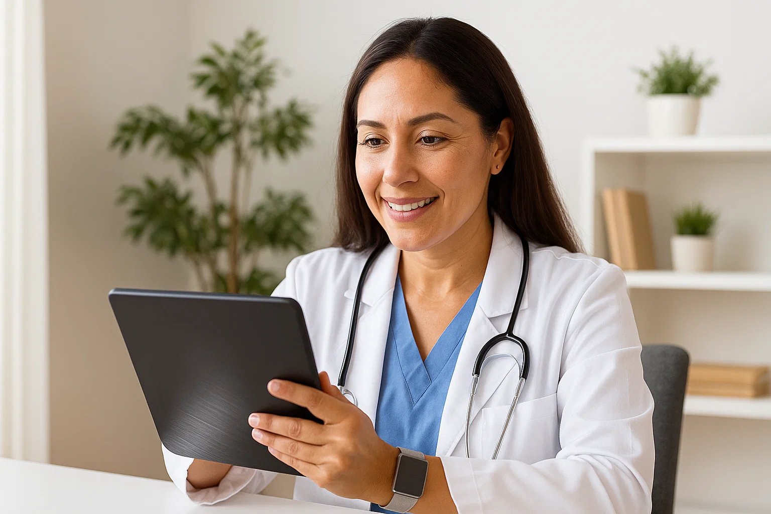A female clinician looking at a tablet.