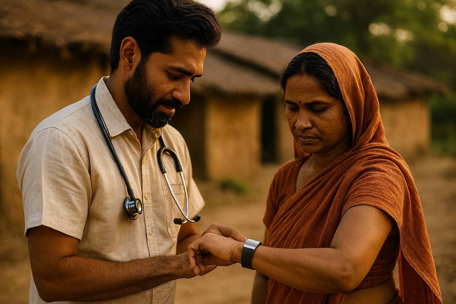 A doctor checking a patient in a rural area.