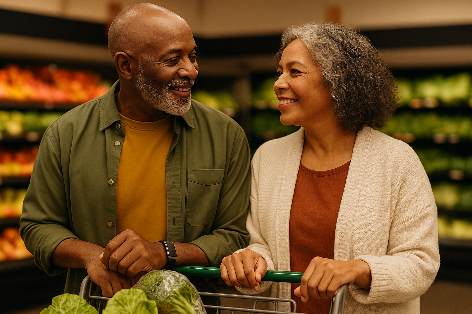An elderly couple smiling while shopping.