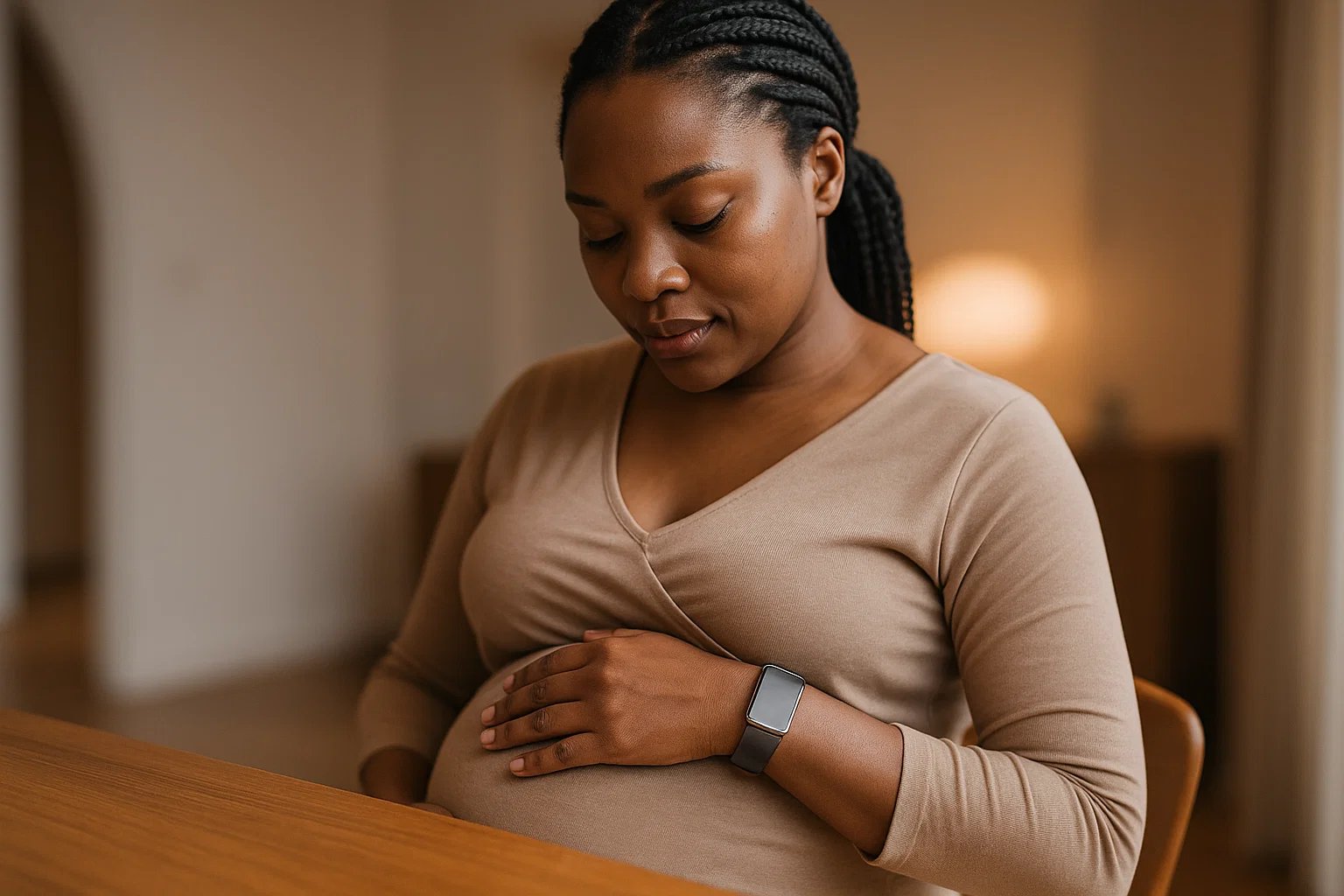 A pregnant woman holding her belly.