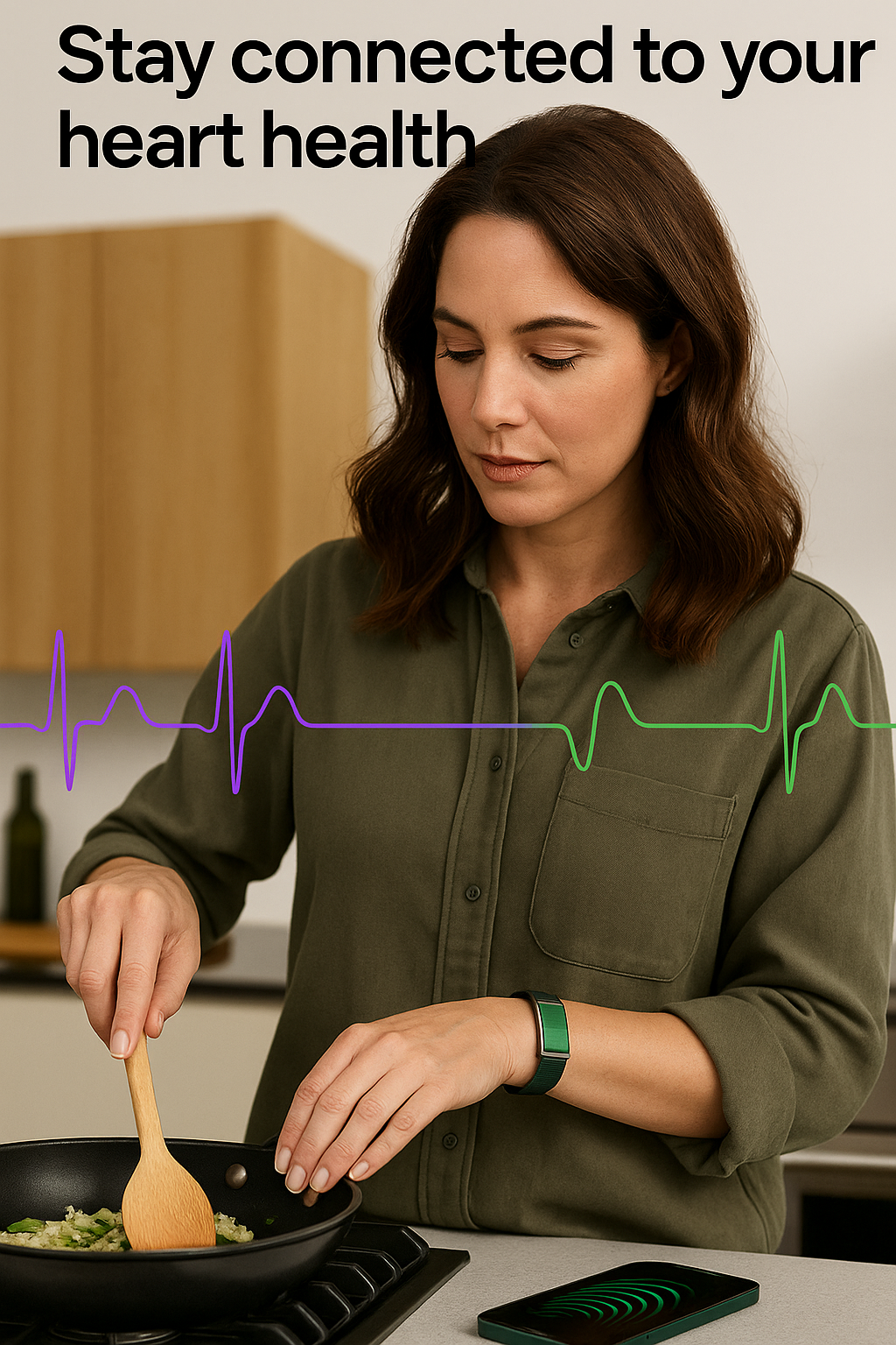 A woman cooking while wearing the Solstyz smartwatch.