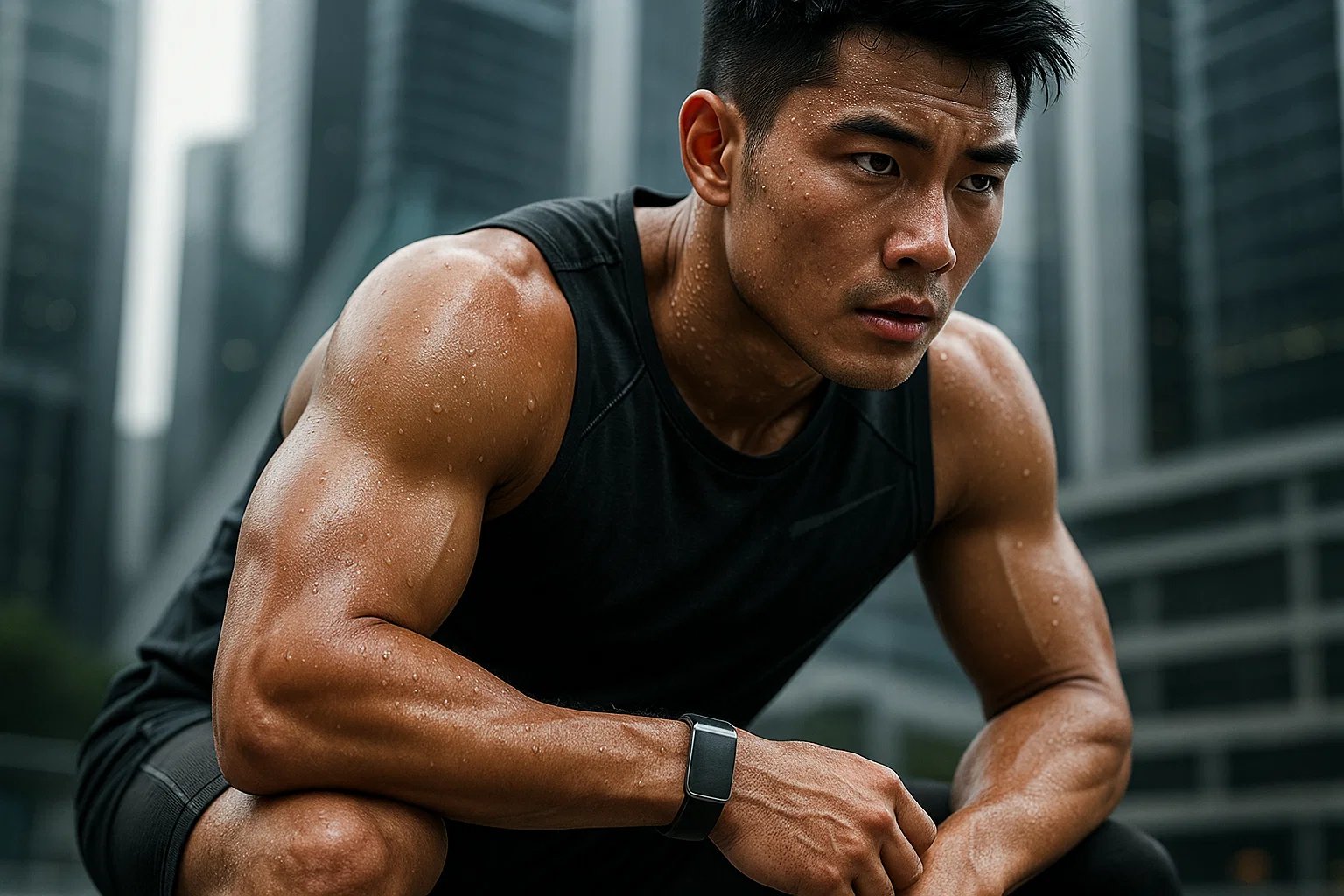 An athlete checking his smartwatch.
