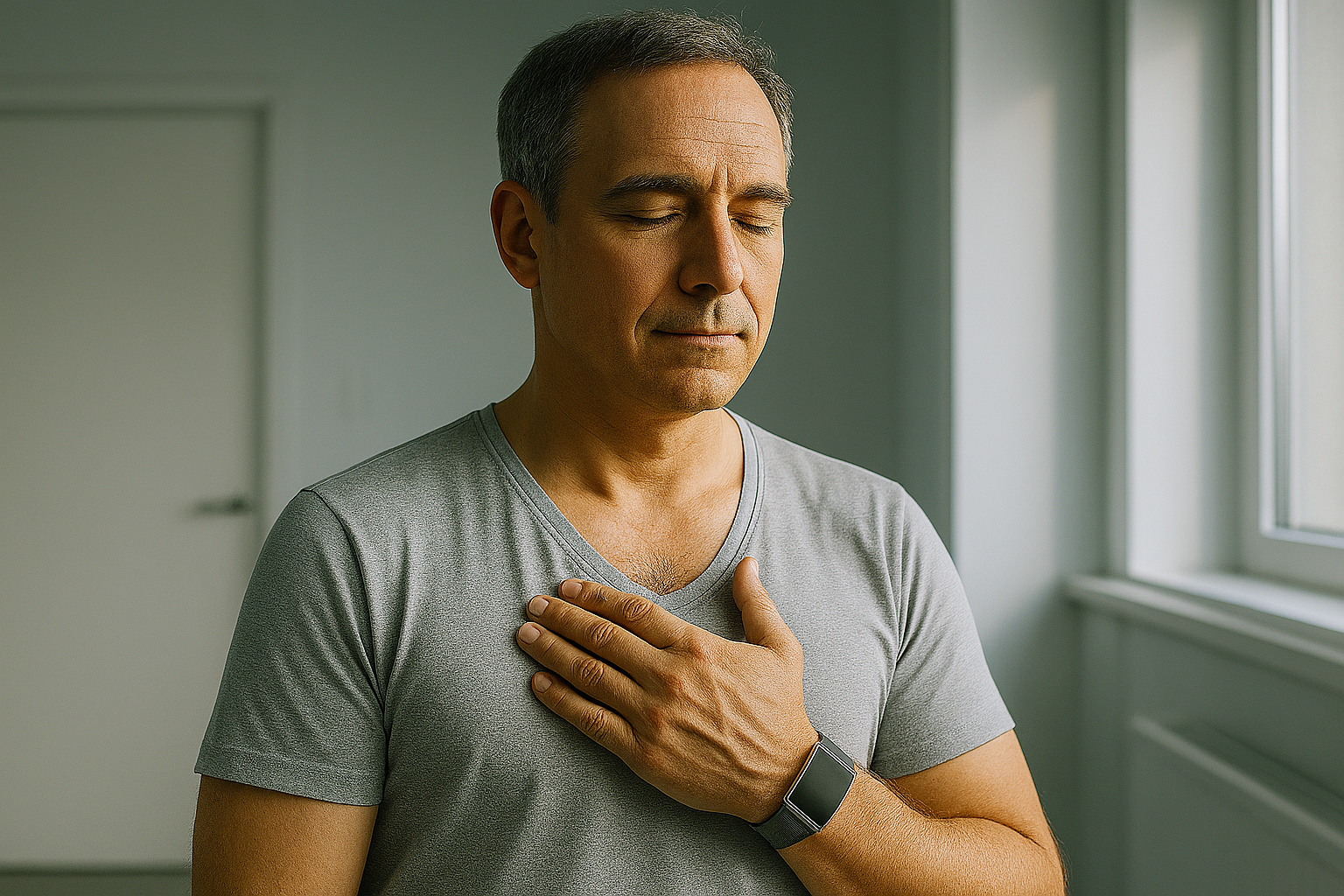 A man meditating with his hand on his chest.