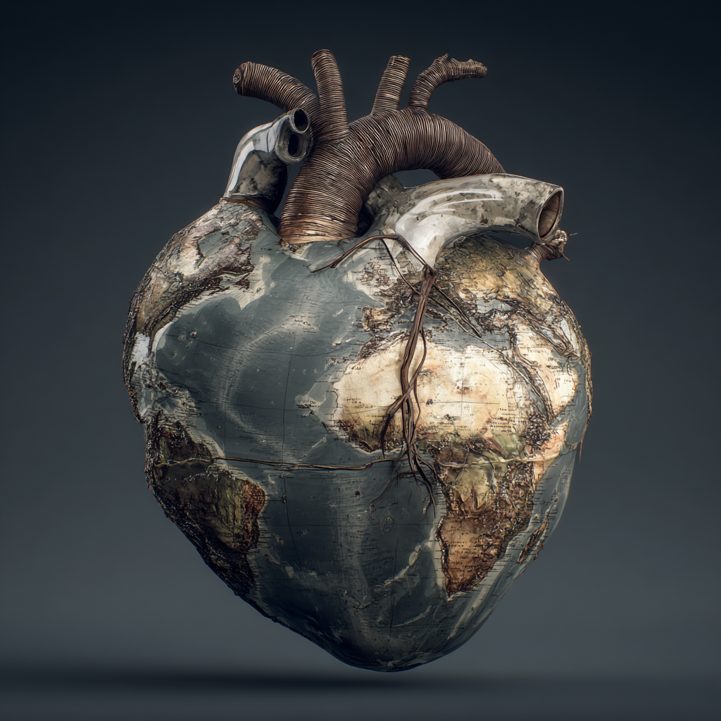 An artistic representation of a heart combined with a globe.